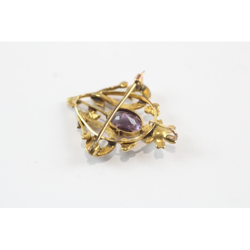 246 - 9ct gold seed pearl & amethyst lavaliere brooch (4g)