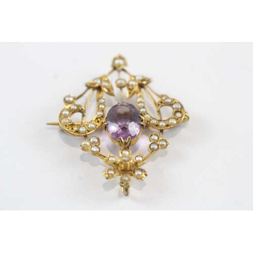 246 - 9ct gold seed pearl & amethyst lavaliere brooch (4g)