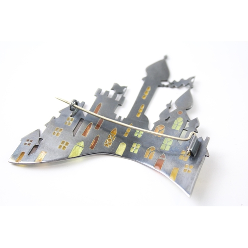 254 - Sterling Silver Stained Glass Effect City Scape Brooch 17g