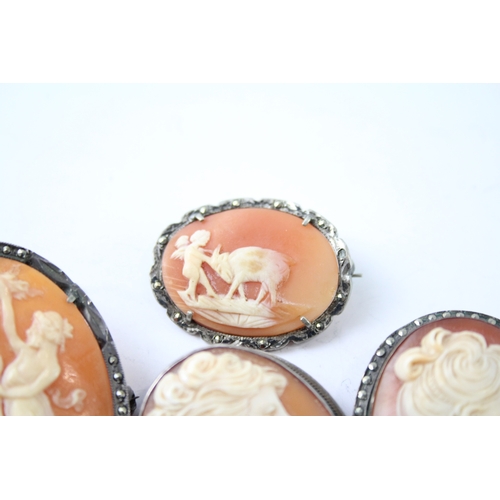 266 - Collection of Silver Shell Cameo Brooches inc. Three Graces, Scene x 5 39g