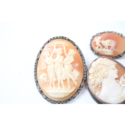 266 - Collection of Silver Shell Cameo Brooches inc. Three Graces, Scene x 5 39g