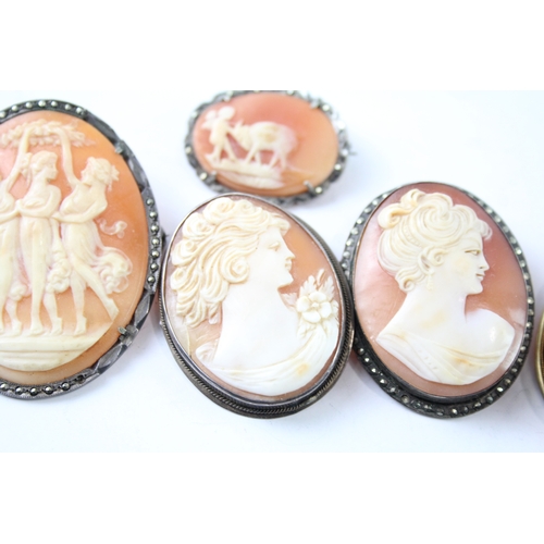 266 - Collection of Silver Shell Cameo Brooches inc. Three Graces, Scene x 5 39g