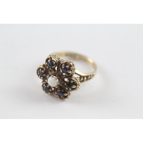 27 - 9ct gold vintage opal and sapphire floral cluster cocktail ring (3.6g) Size M