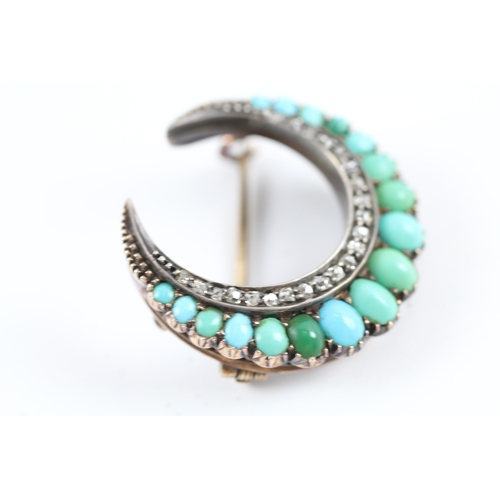 29 - 9ct white gold turquoise & diamond crescent brooch (7g)