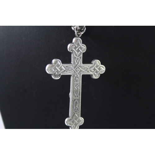 290 - Victorian Scottish Revival Sterling Silver Cross Pendant Necklace 31g