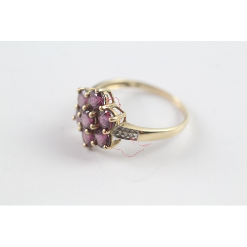 31 - 9ct gold pink gemstone floral cluster dress ring w/ diamond set shoulders (2.2g) Size P