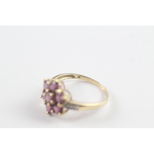 31 - 9ct gold pink gemstone floral cluster dress ring w/ diamond set shoulders (2.2g) Size P