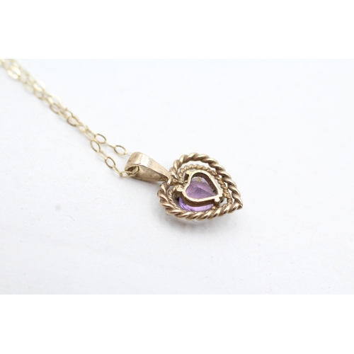 35 - 9ct gold heart shape amethyst pendant necklace (1.1g)