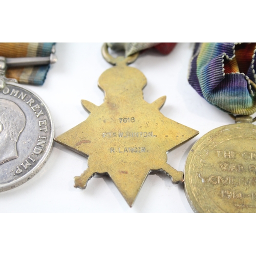 369 - WW1 1914 Mons Star Medal Trio 7616 Pte W. Hinton R. Lancs Regt x 3