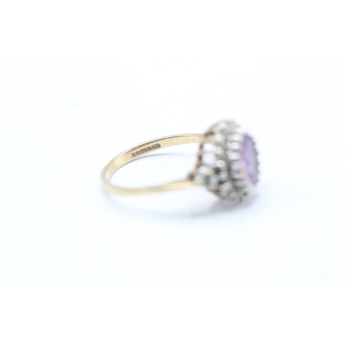 42 - 9ct gold amethyst and diamond halo set ring (2.5g) Size L 1/2