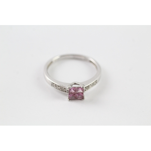 47 - 9ct white gold pink sapphire dress ring w/ diamond set shoulders (1.9g) Size P