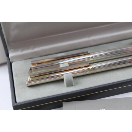 483 - Vintage Dunhill Silver Plated Fountain Pen Set w/ 14ct Gold Nib, Ballpoint, Box