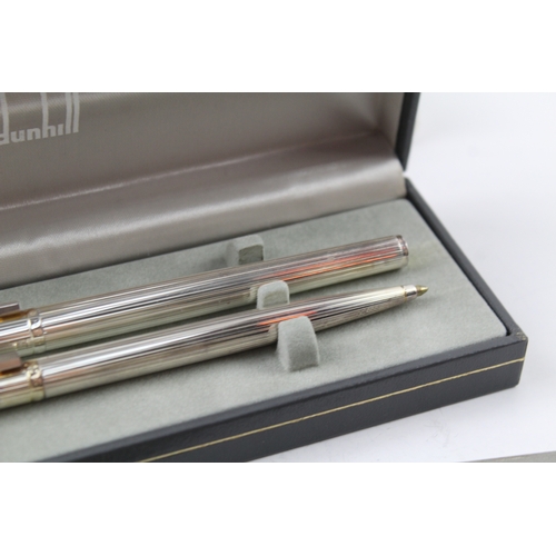 483 - Vintage Dunhill Silver Plated Fountain Pen Set w/ 14ct Gold Nib, Ballpoint, Box