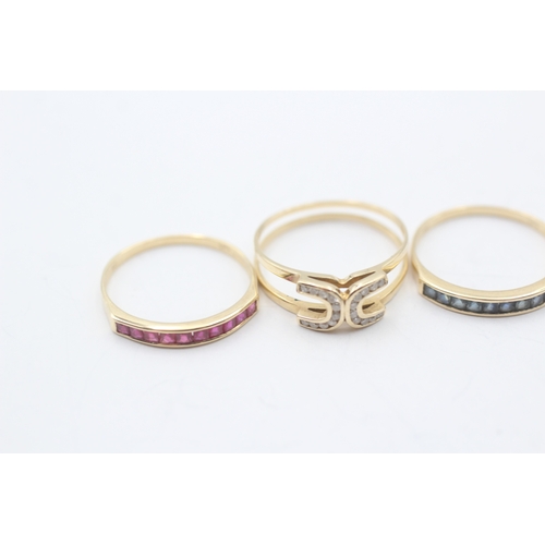 78 - 4 x 14ct gold diamond, ruby, sapphire and emerald interchangeable ring set (6.9g) Size S