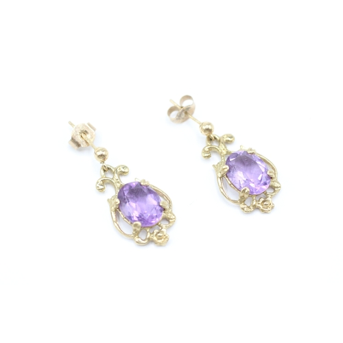 57 - 9ct gold amethyst drop earrings (2.6g)