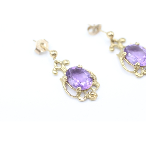 57 - 9ct gold amethyst drop earrings (2.6g)