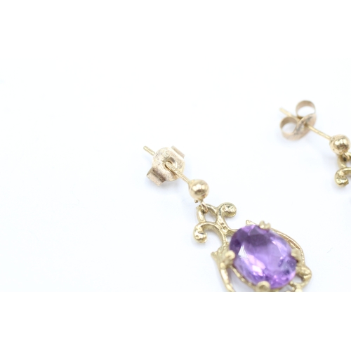 57 - 9ct gold amethyst drop earrings (2.6g)