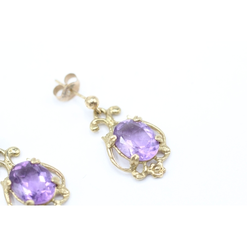 57 - 9ct gold amethyst drop earrings (2.6g)