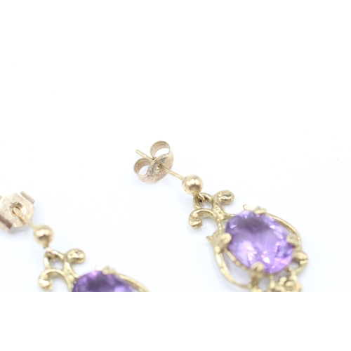 57 - 9ct gold amethyst drop earrings (2.6g)