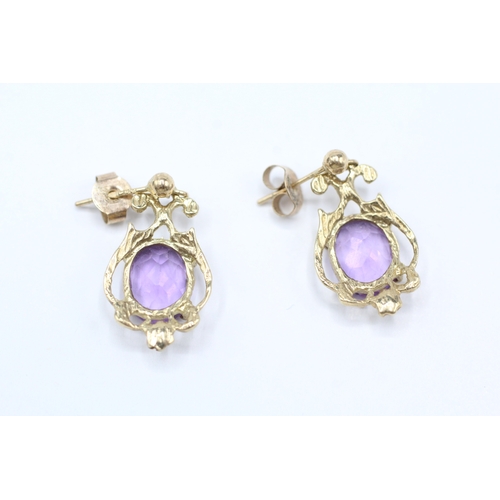 57 - 9ct gold amethyst drop earrings (2.6g)