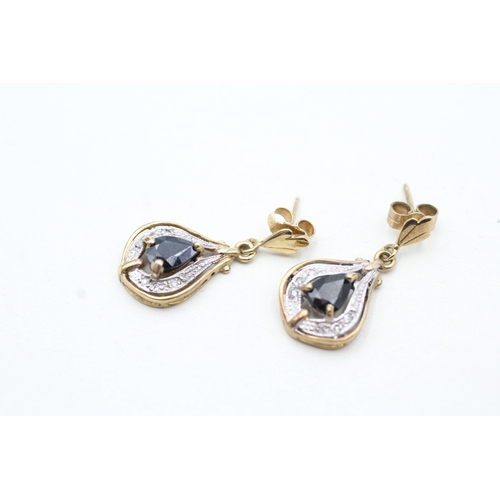 60 - 9ct gold sapphire and diamond drop earrings (3g)