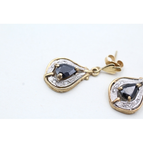 60 - 9ct gold sapphire and diamond drop earrings (3g)