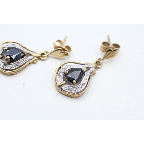 60 - 9ct gold sapphire and diamond drop earrings (3g)