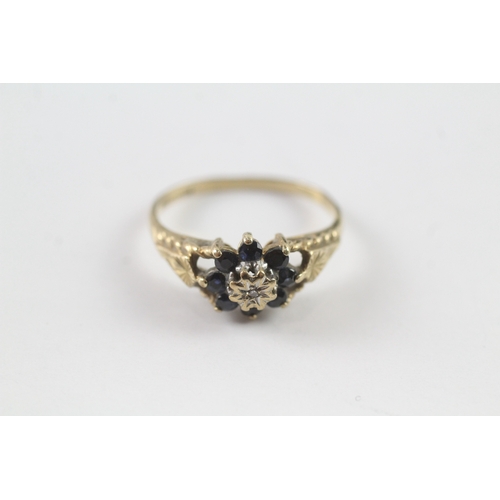 66 - 9ct gold sapphire and diamond floral cluster dress ring (2g) Size K