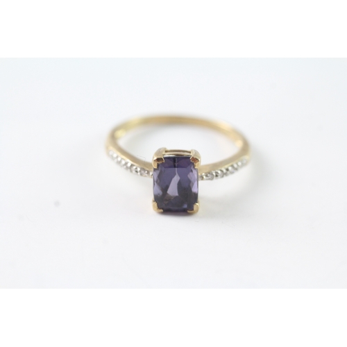 90 - 9ct gold amethyst solitaire dress ring w/ diamond set shoulders (1.8g) Size N 1/2