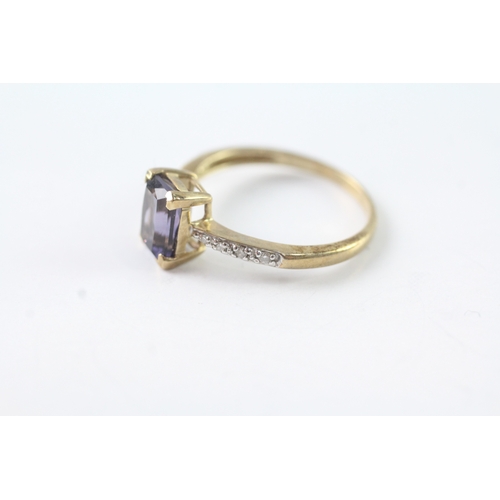 90 - 9ct gold amethyst solitaire dress ring w/ diamond set shoulders (1.8g) Size N 1/2