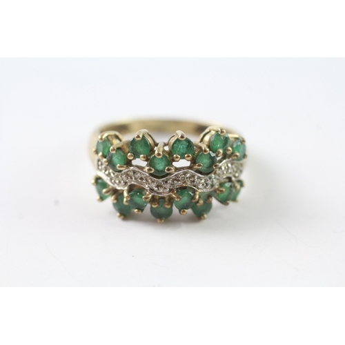 92 - 9ct gold emerald and diamond multi row cocktail ring (3.8g) Size Q 1/2