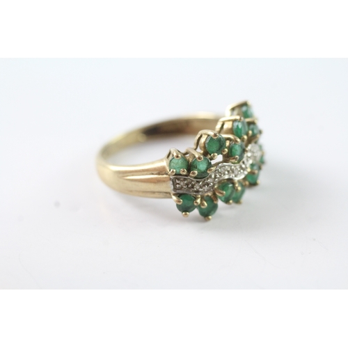 92 - 9ct gold emerald and diamond multi row cocktail ring (3.8g) Size Q 1/2