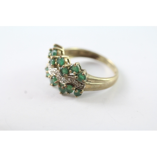 92 - 9ct gold emerald and diamond multi row cocktail ring (3.8g) Size Q 1/2