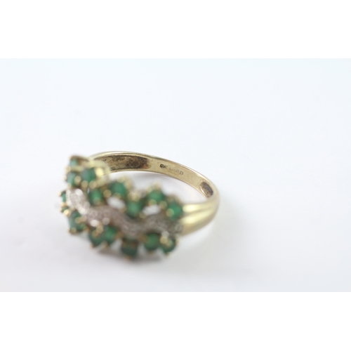 92 - 9ct gold emerald and diamond multi row cocktail ring (3.8g) Size Q 1/2