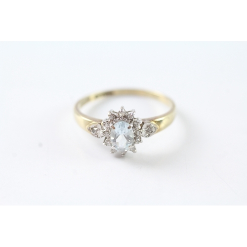 93 - 9ct gold aquamarine and diamond halo dress ring w/ diamond set shoulders (1.9g) Size P