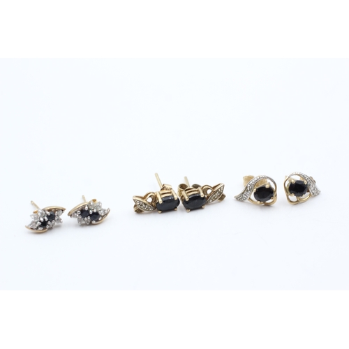 121 - 3x 9ct gold sapphire, diamond & cubic zirconia stud earrings (3.6g)