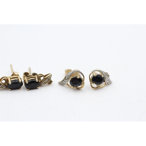 121 - 3x 9ct gold sapphire, diamond & cubic zirconia stud earrings (3.6g)