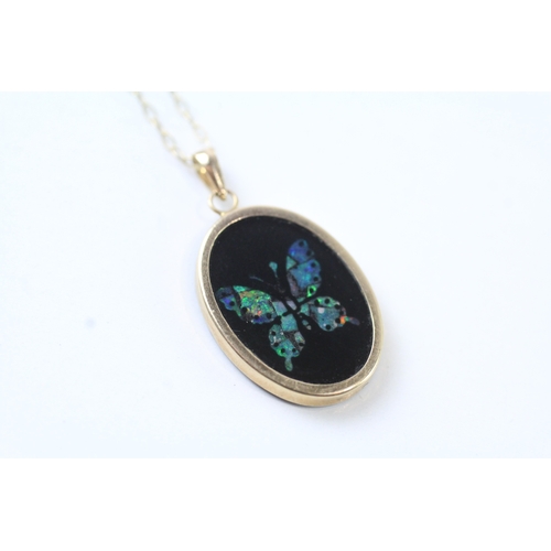 125 - 9ct gold mosaic opal doublet butterfly pendant necklace (1.6g)