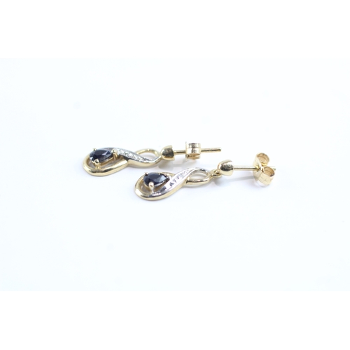 19 - 9ct gold sapphire and diamond drop earrings w/ posts (1.3g)