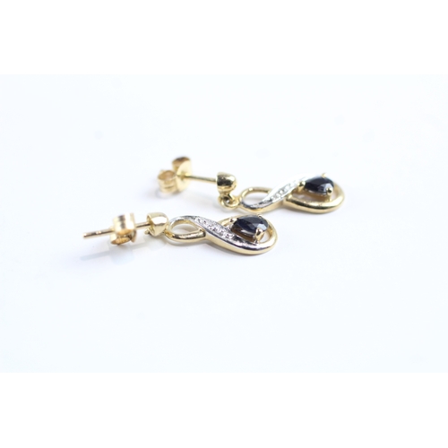 19 - 9ct gold sapphire and diamond drop earrings w/ posts (1.3g)