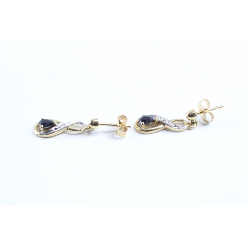 19 - 9ct gold sapphire and diamond drop earrings w/ posts (1.3g)