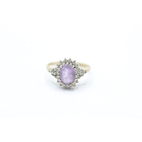 42 - 9ct gold amethyst and diamond halo set ring (2.5g) Size L 1/2