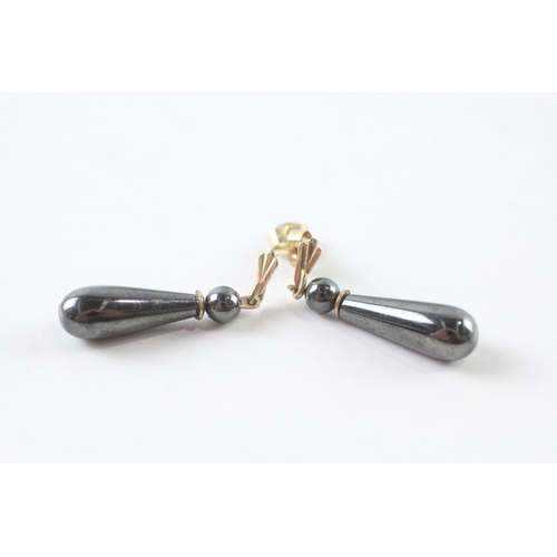 65 - 9ct gold hematite drop earrings w/ posts (3.7g)