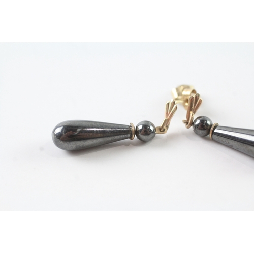 65 - 9ct gold hematite drop earrings w/ posts (3.7g)