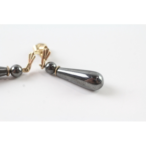 65 - 9ct gold hematite drop earrings w/ posts (3.7g)