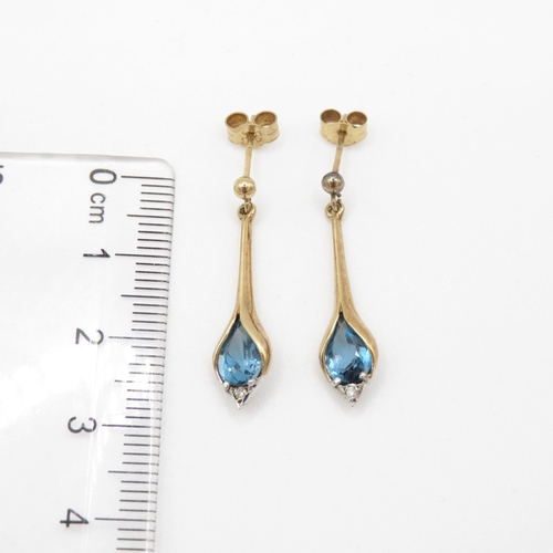 106 - 9ct gold diamond & blue gemstone drop earrings (2.1g)