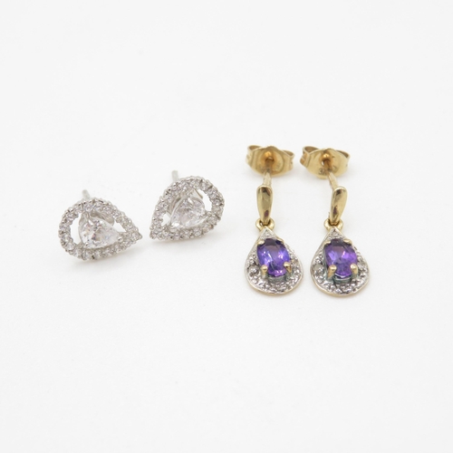 115 - 9ct white gold white gemstone & amethyst stud earrings & yellow gold stud earrings set (1.6g)