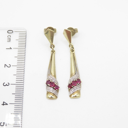 12 - 9ct gold ruby & diamond contemporary drop earrings (2.7g)