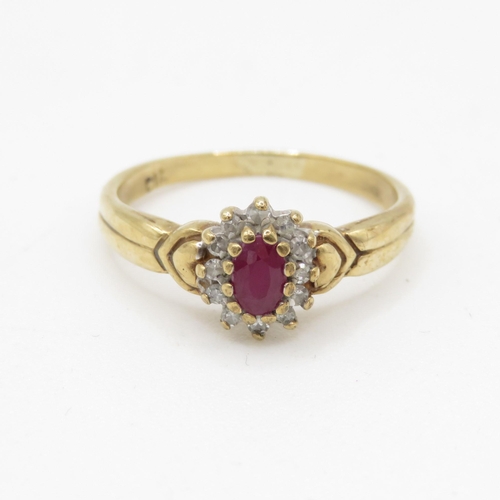 144 - 9ct gold diamond and ruby cluster ring (2.4g) Size O