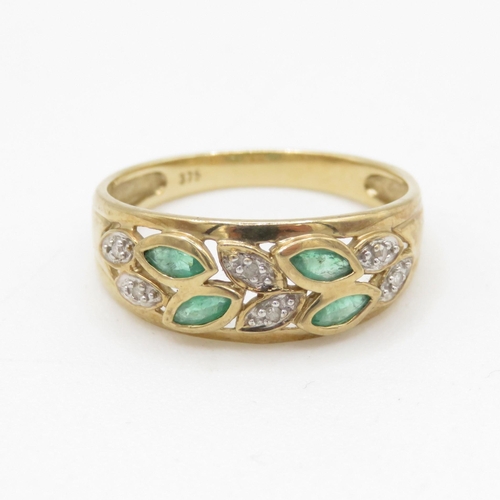 162 - 9ct gold marquise cut emerald & diamond patterned dress ring (1.9g) Size P